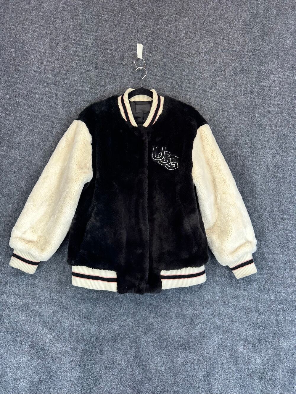 UGG Haile Faux Fur Varsity Jacket Women's L Black Cream Collegiate Bomber
